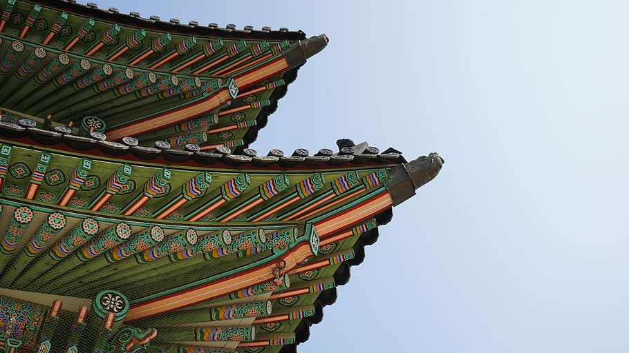 A glimpse in Korea, green and brown architecture, building, asia HD wallpaper