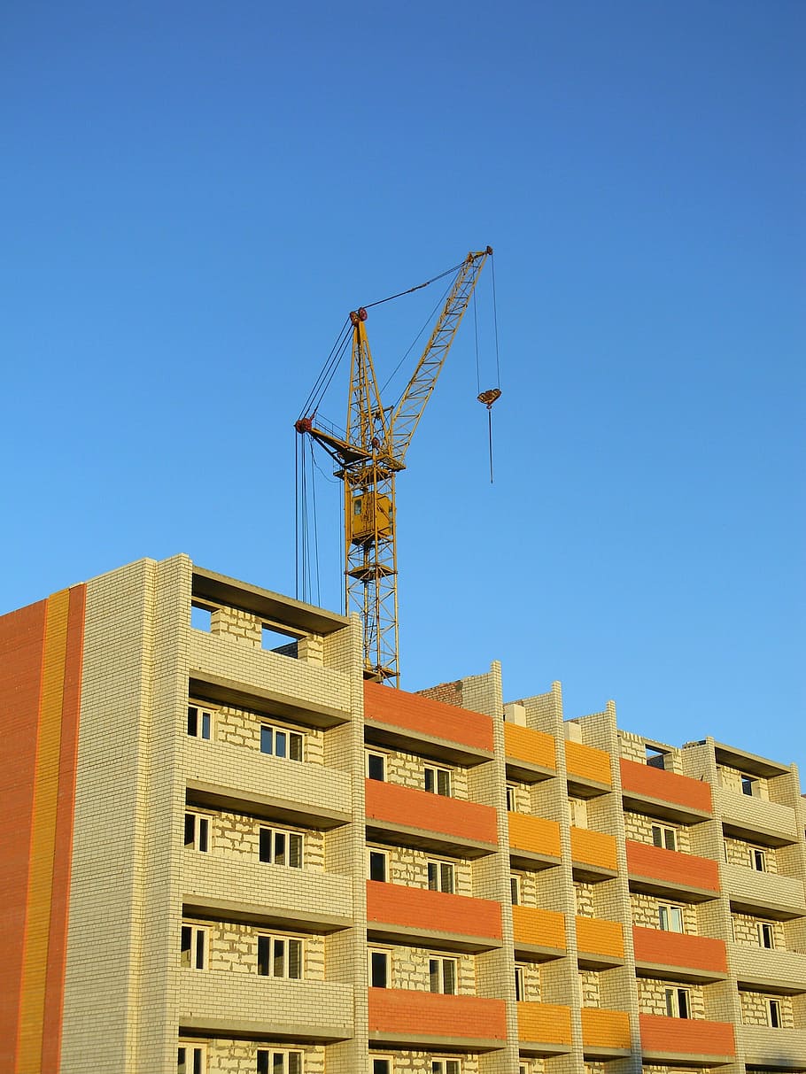construction, crane hoisting, jib crane, multi-storey building, HD wallpaper