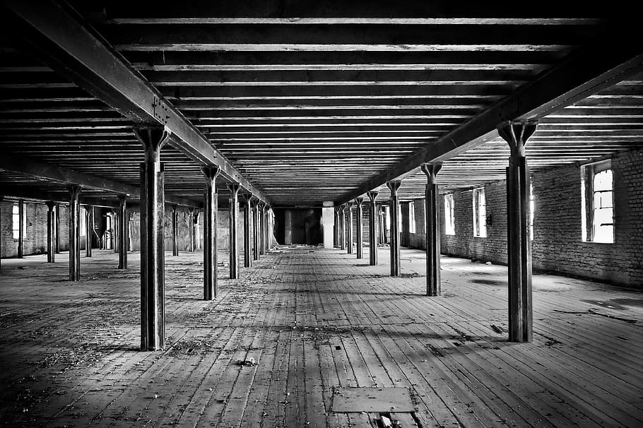grayscale photography of abandoned hall, lost places, warehouse