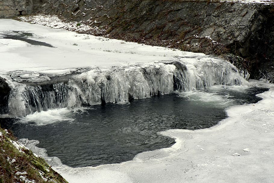 winter, snow, ice, river, waterfall, mountains, nature, cold HD wallpaper