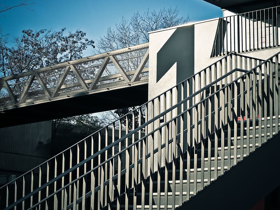 Stairs, Transition, Building, gradually, city, neuss, sky, steel HD wallpaper