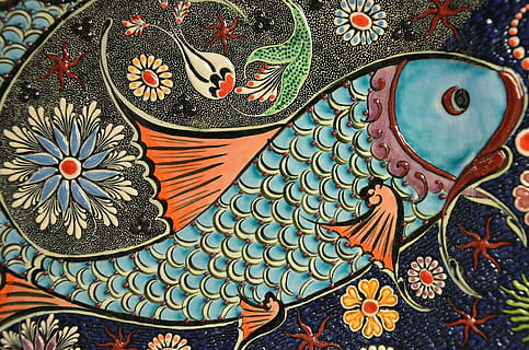 blue and orange Koi fish decor, mosaic, tile, art, ceramic HD wallpaper