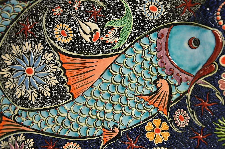 blue and orange Koi fish decor, mosaic, tile, art, ceramic, colorful