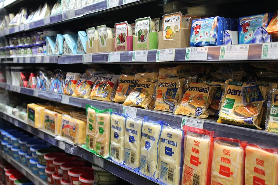 gondola shelf filled with varieties of cheese products, refrigerator HD wallpaper