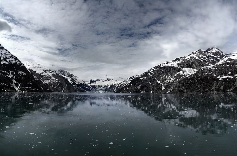 gray mountain covered with ice, mountains, lake, snow, cloudy HD wallpaper