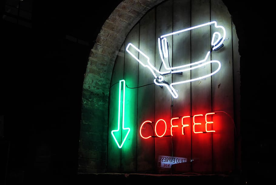 white, green, and red coffee neon signage, red Coffee neon light signage HD wallpaper