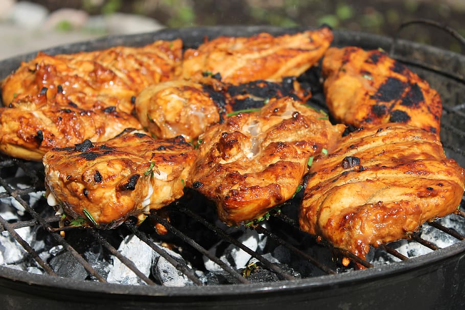 grilled meat, Chicken, Bbq, Charcoal, Spiced, glow, summer HD wallpaper
