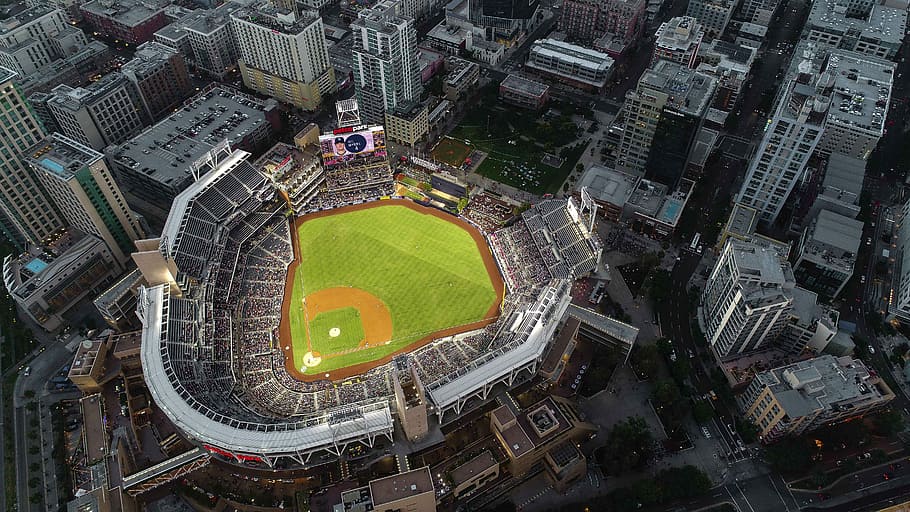 aerial view of stadium, aerial photography of ballpark, pitch, HD wallpaper