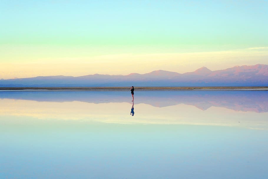 reflection photography of person on body of water, sea, ocean HD wallpaper