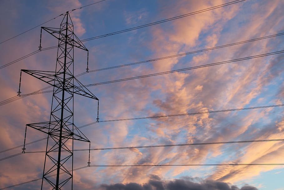 silhouette of electric post, line, electronics, power line HD wallpaper