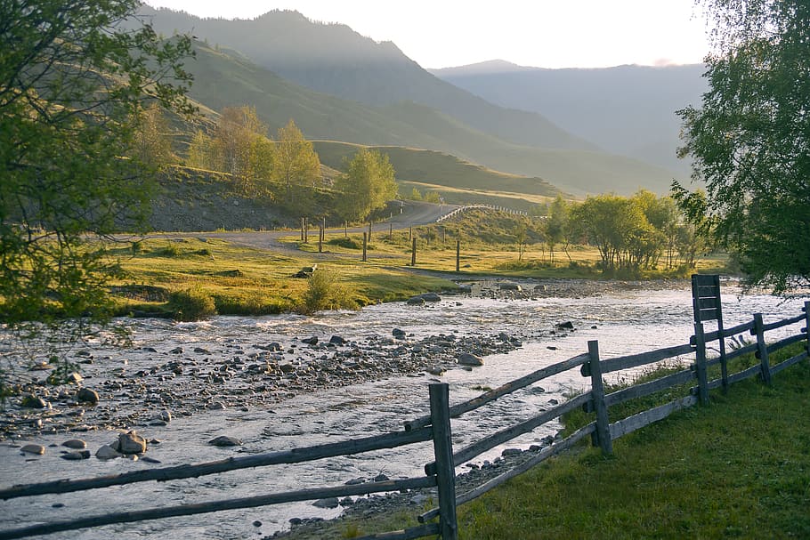 river, morning, altai, beautiful, nature, green, summer, sky HD wallpaper