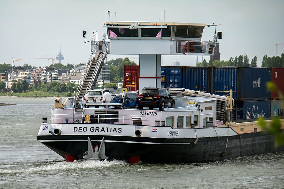 ship, rhine, bridge, command center, river, container, container ship HD wallpaper