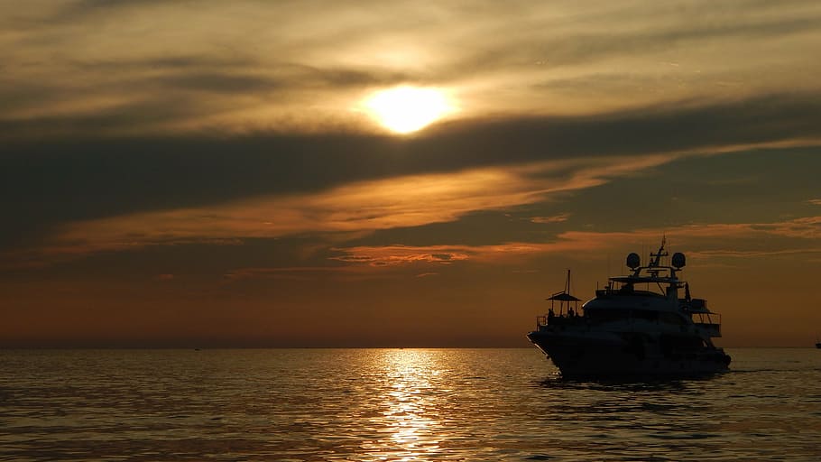trieste, sunset, clouds, sky, porto, pier, boat, sea, calm sea, HD wallpaper