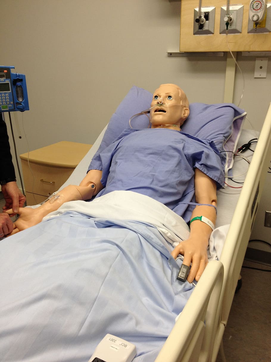 cpr, dummy, medical, training course, bed, lying down, hospital