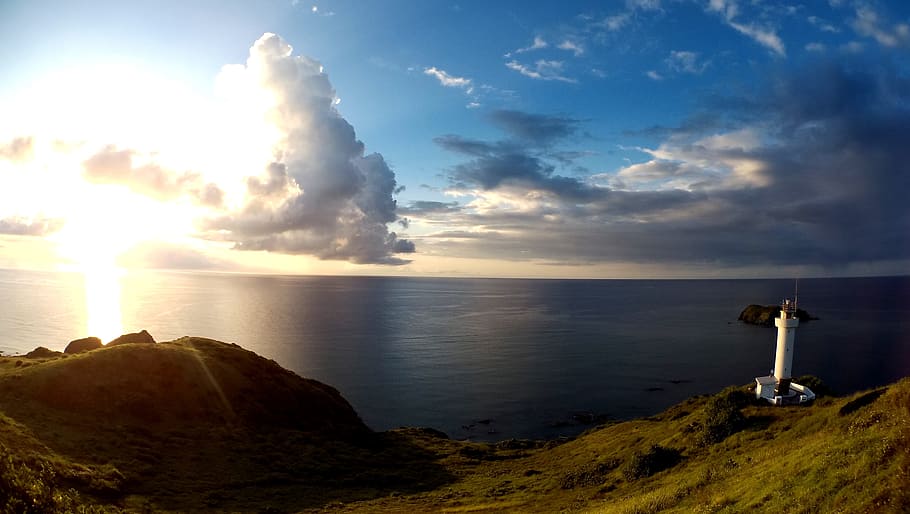 Lighthouse, Sea, Sky, Blue, Landscape, costa, clouds, sunset HD wallpaper