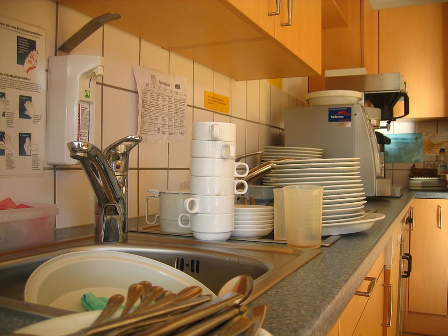 white dinnerware items beside sink in kitchen, cook, rinse, tableware, HD wallpaper