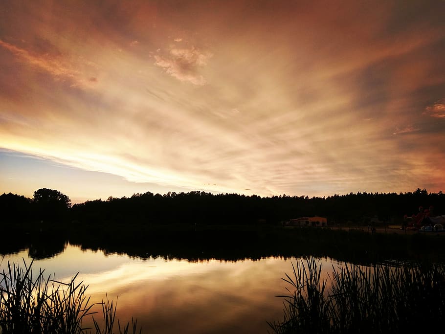 landscape, sky, water, view, nature, clouds, tree, sunset, reflection HD wallpaper