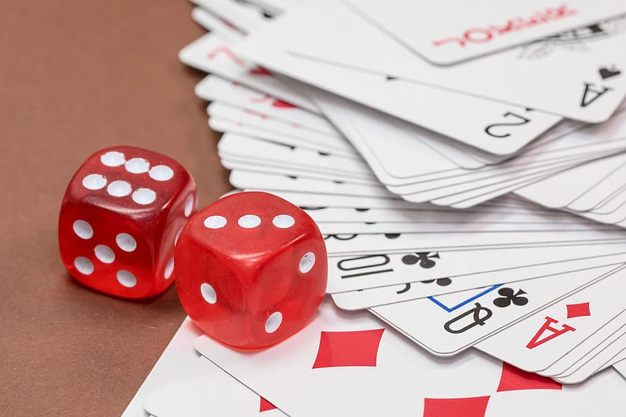 dice showing three and six beside playing cards, Cube, Gambling, HD wallpaper