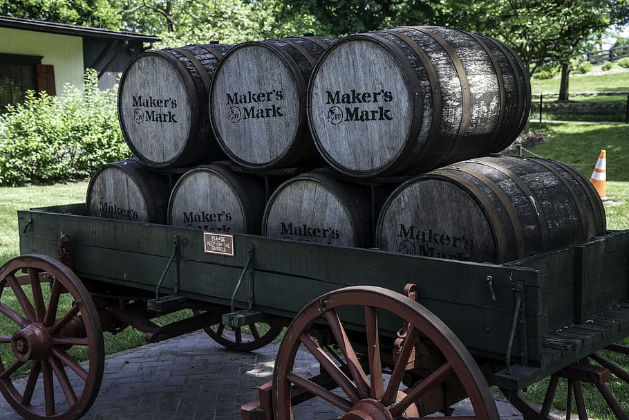 Barrels of Whiskey in a Cart, alcohol, public domain, wheels