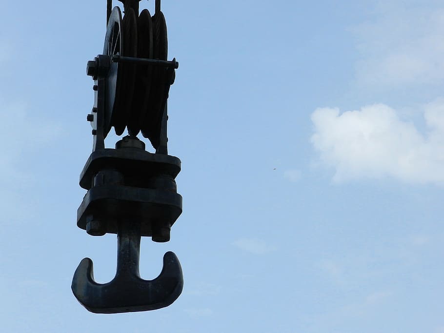 crane, pulley, hook, construction, sky, low angle view, day HD wallpaper