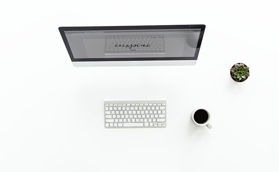 coffee, cup, mug, desk, computer, electronics, imac, keyboard HD wallpaper