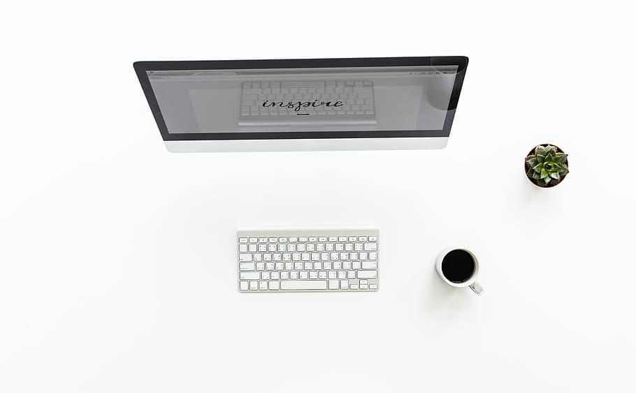 top view of iMac Aluminum beside mug, work, pc, desk, office HD wallpaper