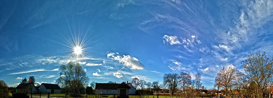 Panorama, Nature, Clouds, Sun, Rays, sky, blue, house, no people HD wallpaper