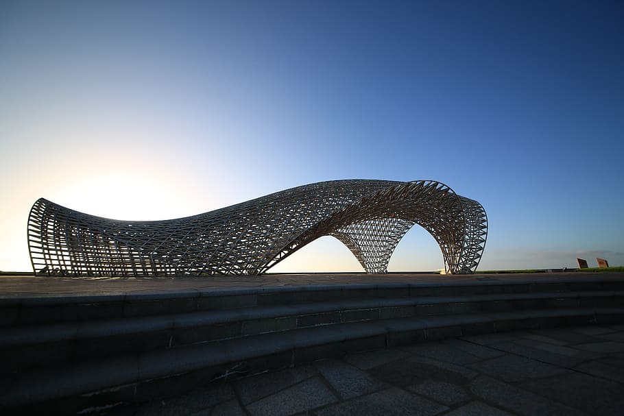 architectural structure under blue sky, building, grid, metal HD wallpaper