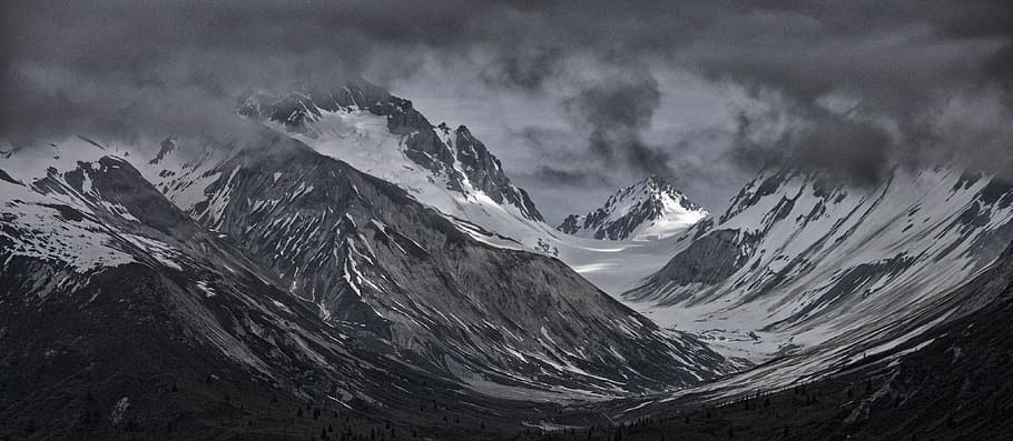 aerial photo of snow covered mountain, panoramic photography of white snow-capped mountain HD wallpaper