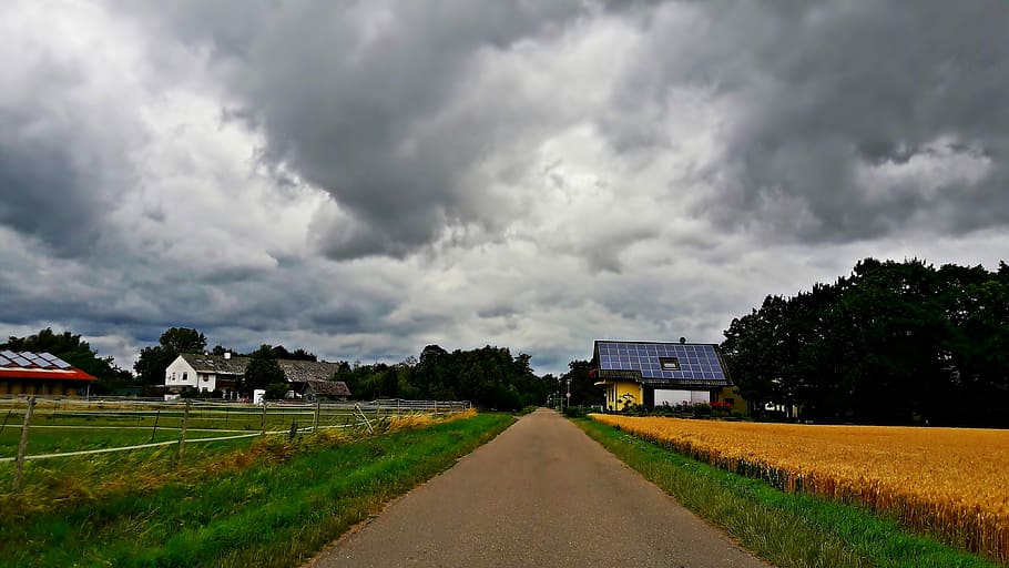 field, storm, clouds, way, village, cloud cover, dark clouds HD wallpaper