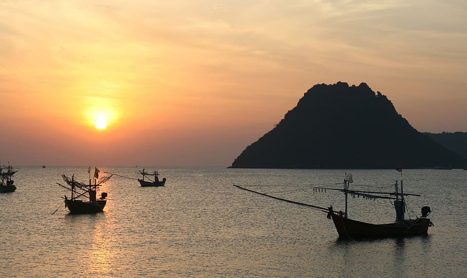 thailand, harbor, seaside, boat, seashore, bay, dawn, sunrise, HD wallpaper