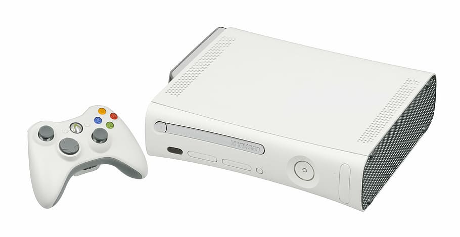 white Xbox 360 Premium with controller, video game console, play