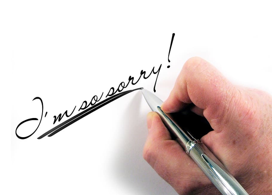 person writing i'm sorry! text with black gel pen, letters, hand, HD wallpaper