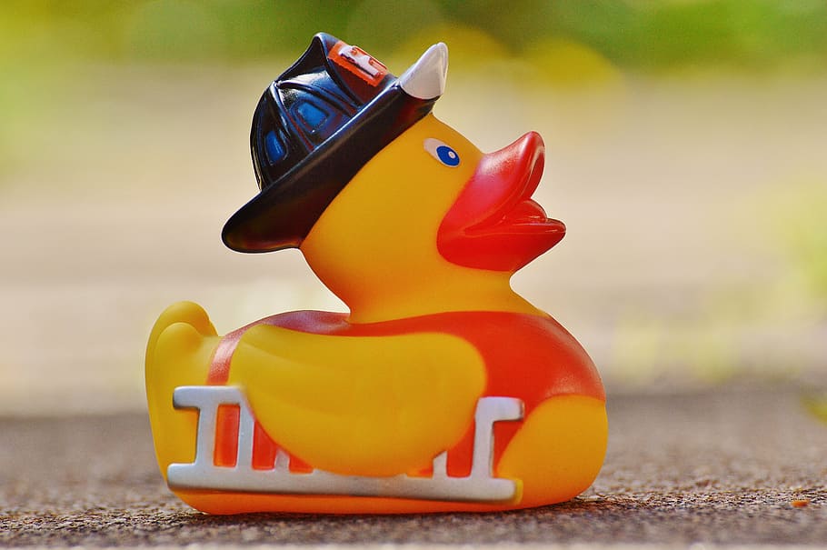 selective focus photography of yellow and red duck figurine, rubber duck, HD wallpaper