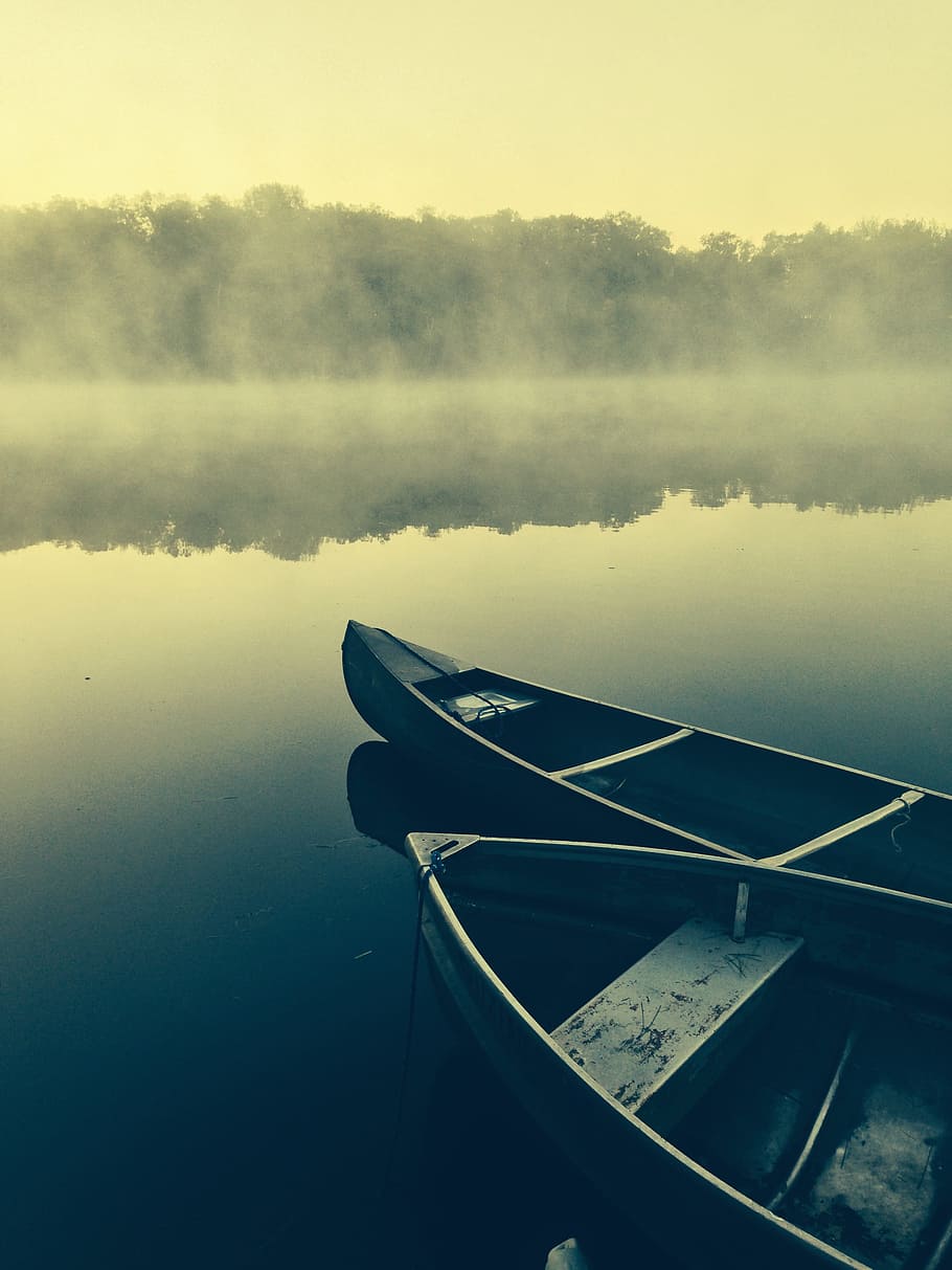 two gray canoes on misty body of water, two boats on body of water HD wallpaper