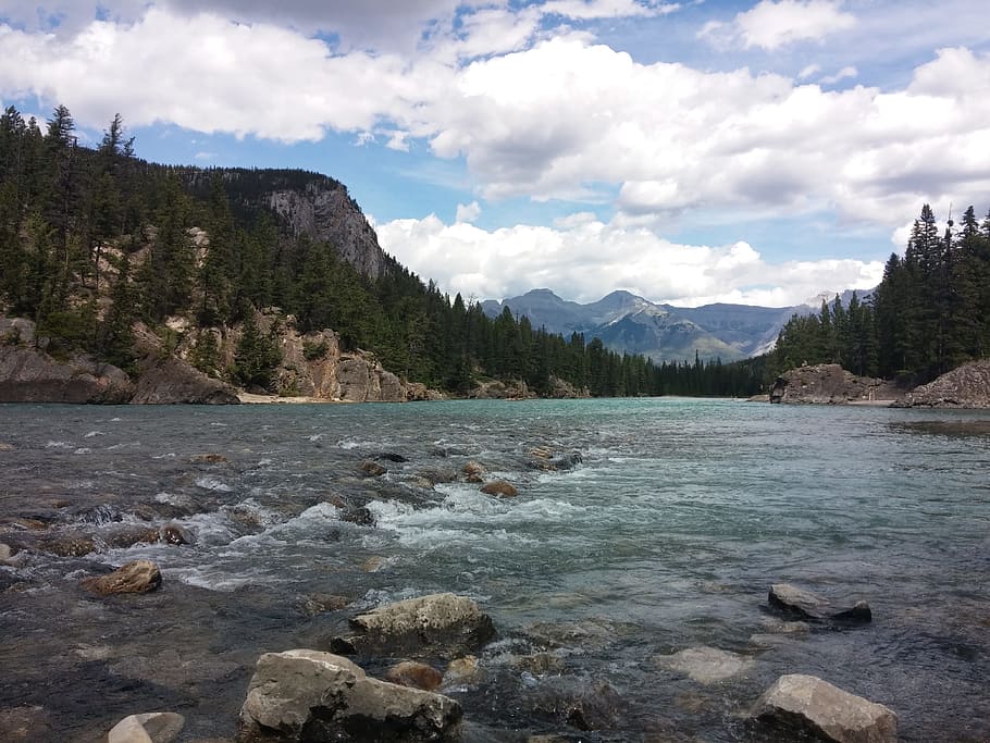 river, banff, canada, water, mountain, sky, cloud - sky, beauty in nature HD wallpaper