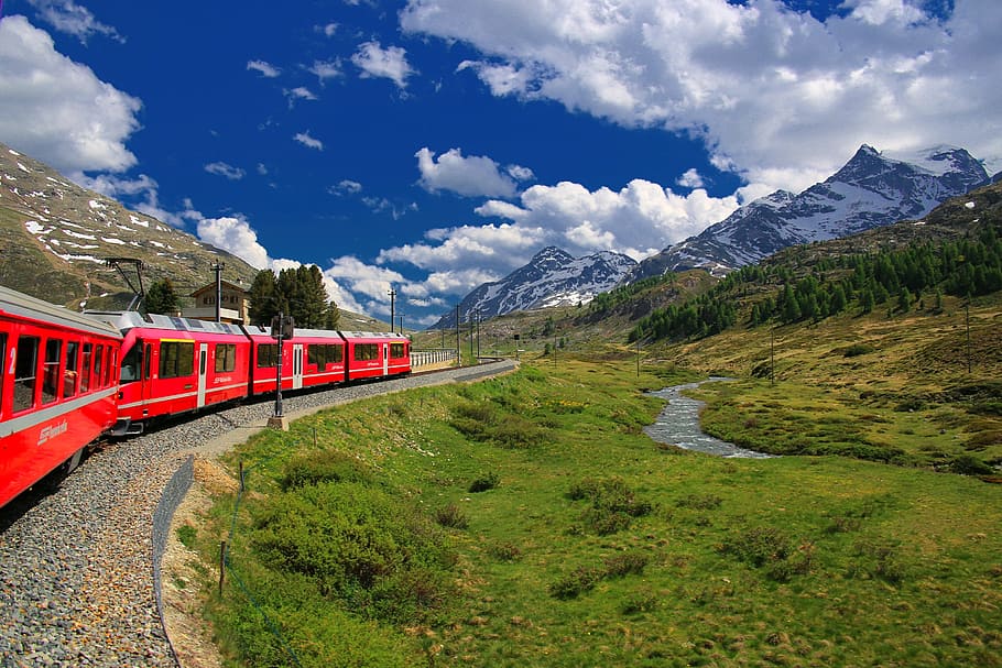 switzerland, glacier, express, train, railway, travel, mountain, HD wallpaper