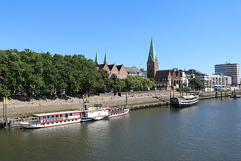 bremen, weser, water, kill, bridge, ships, river, teerhof, restaurant ship HD wallpaper