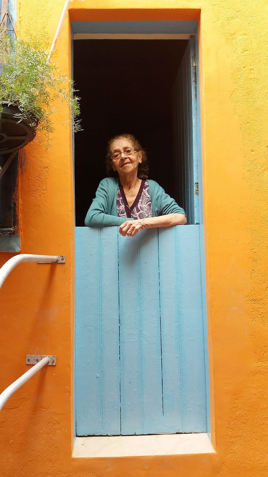 old lady window, door, tranquility, yellow house, one person