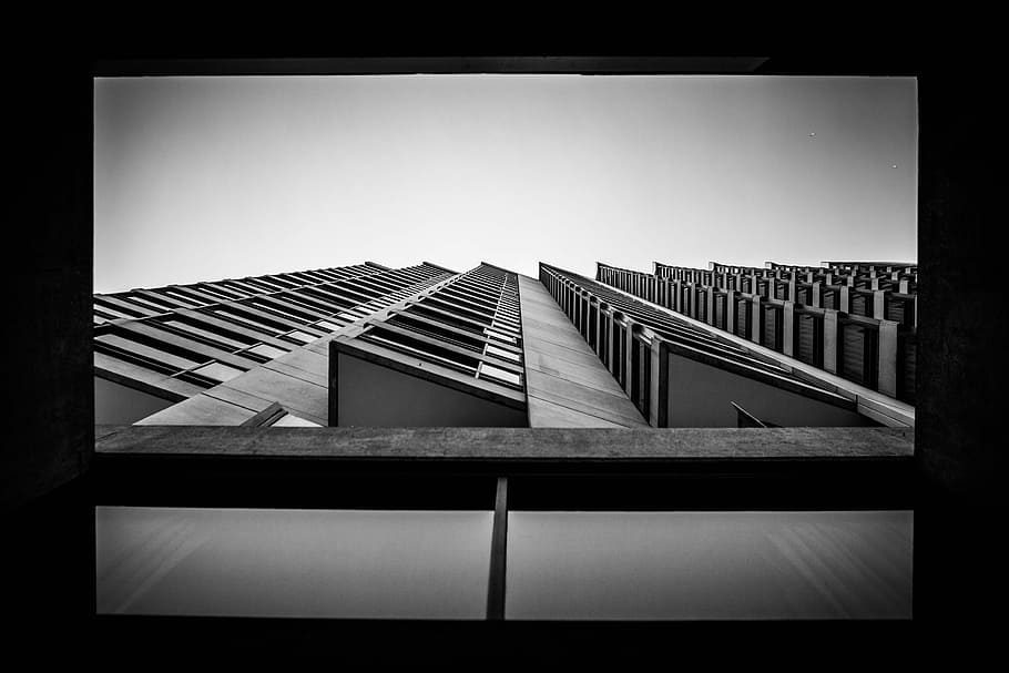 worm's eyeview of multi-storey building, grayscale photo of digital wallpaper HD wallpaper