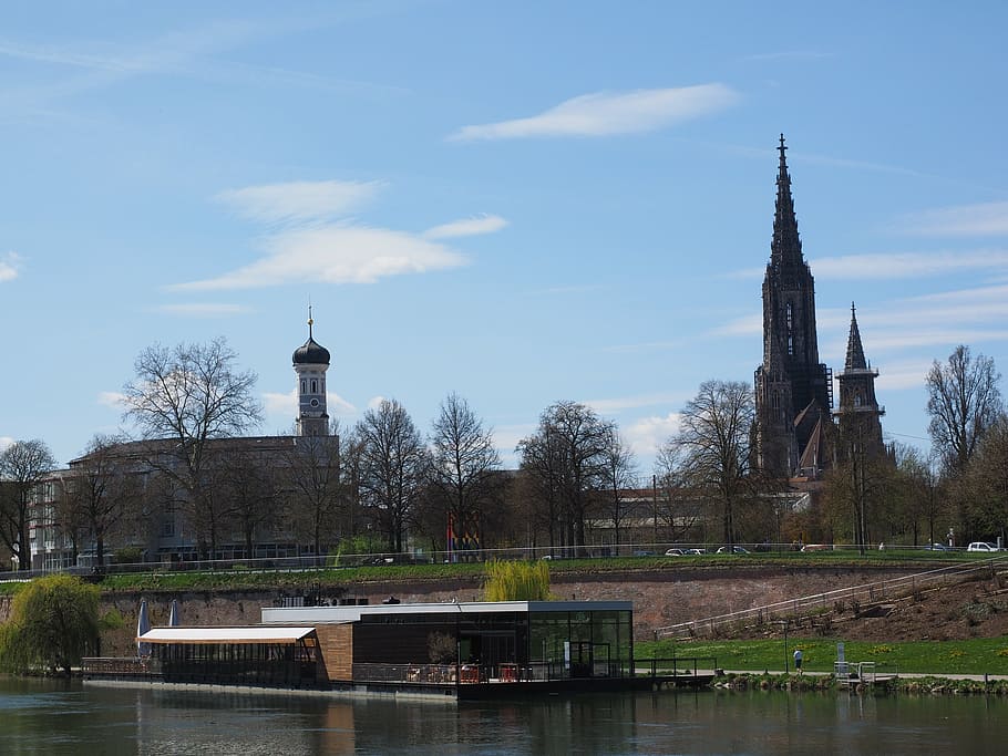 ulm, danube, river, water, münster, bank, boot, bank of the danube HD wallpaper