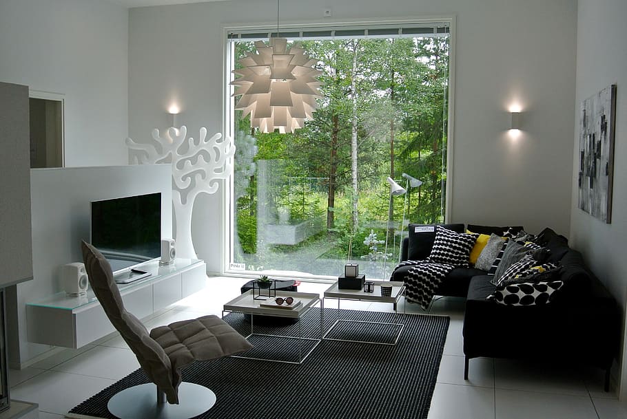 black fabric sectional sofa beside the clear glass window, gray, HD wallpaper