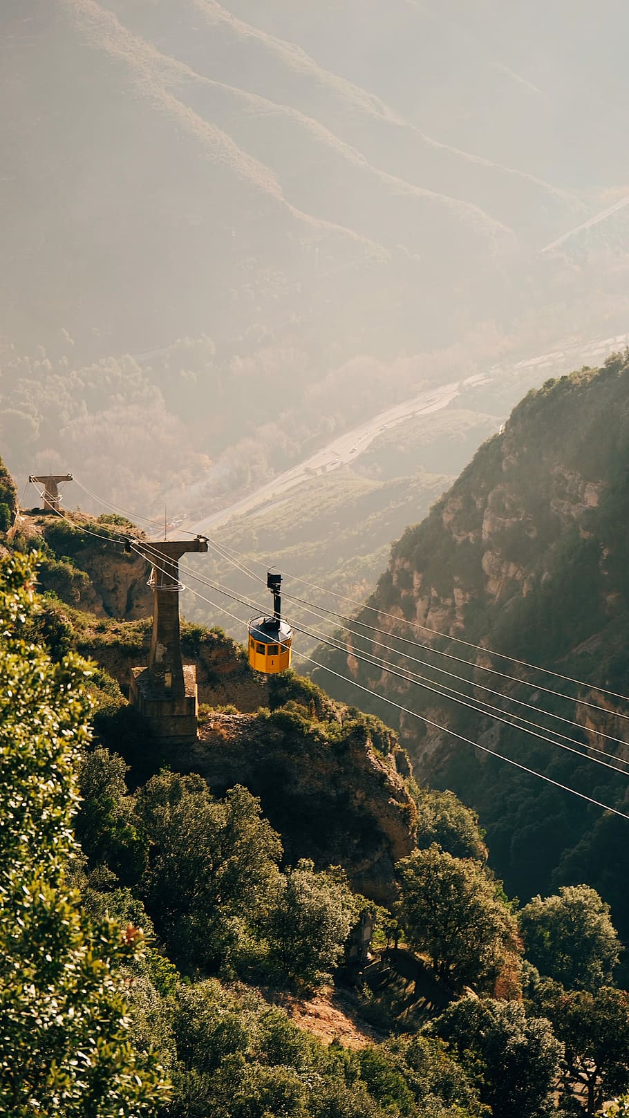 aerial photography of orange cable car, mountain, cliff, rock HD wallpaper
