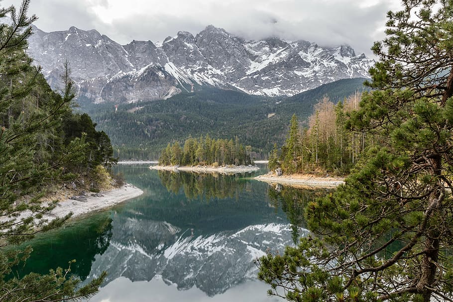 calm waters, clouds, conifer, daylight, environment, evergreen HD wallpaper