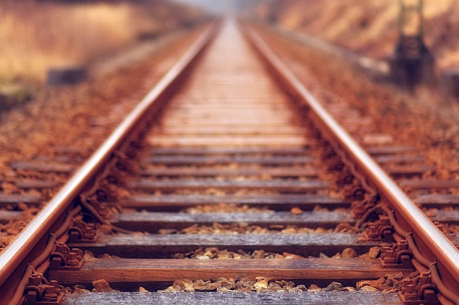 brown rail train, brown, metal, rail, green, soil, train track HD wallpaper