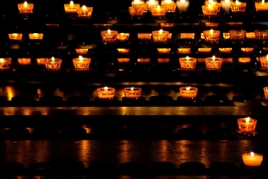 lighted candles, Lights, Church, atmospheric, background, spieglung