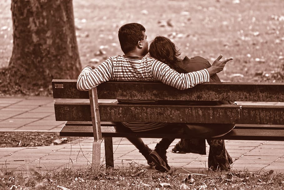 man and woman sitting on bench, people, couple, two, together HD wallpaper