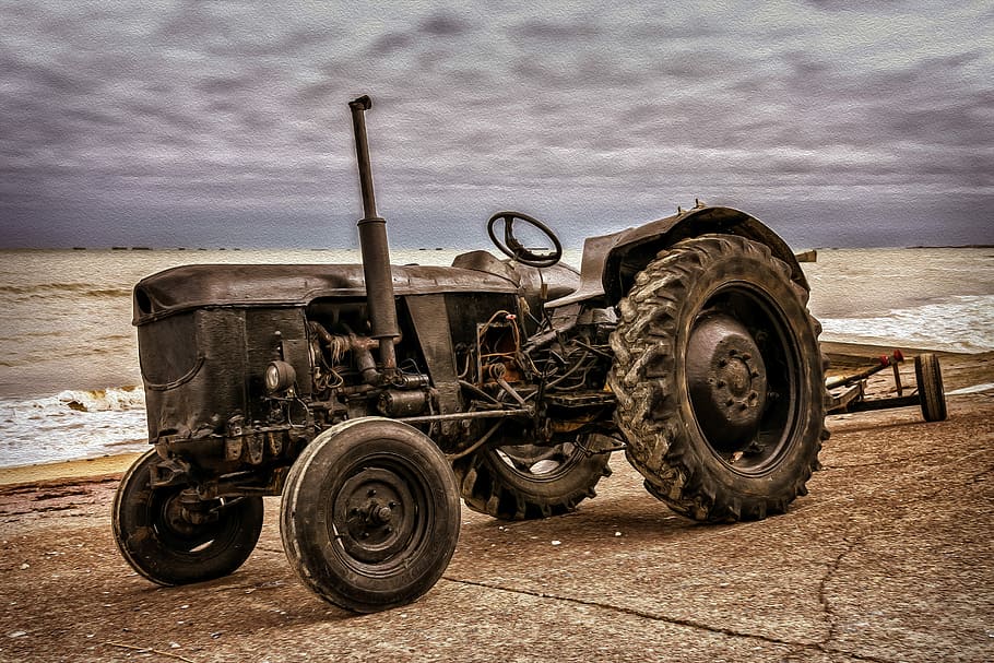 black tractor parked under cloudy sky, machine, vehicle, old HD wallpaper