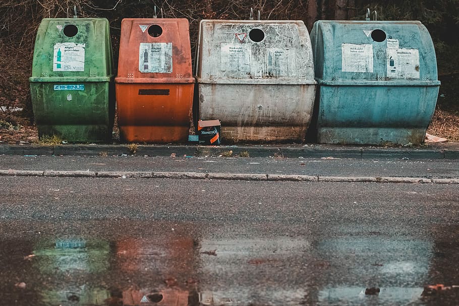 photo of four assorted-color compost pits near empty road, assorted-color bins, HD wallpaper