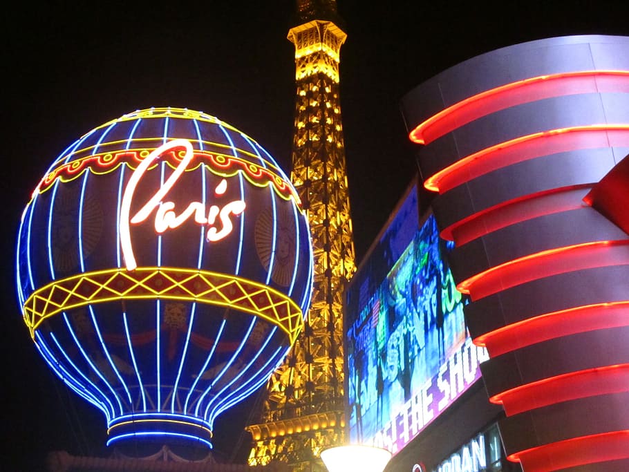 las vegas, paris, eiffel, night, casino, neon, lighting, illuminated, HD wallpaper